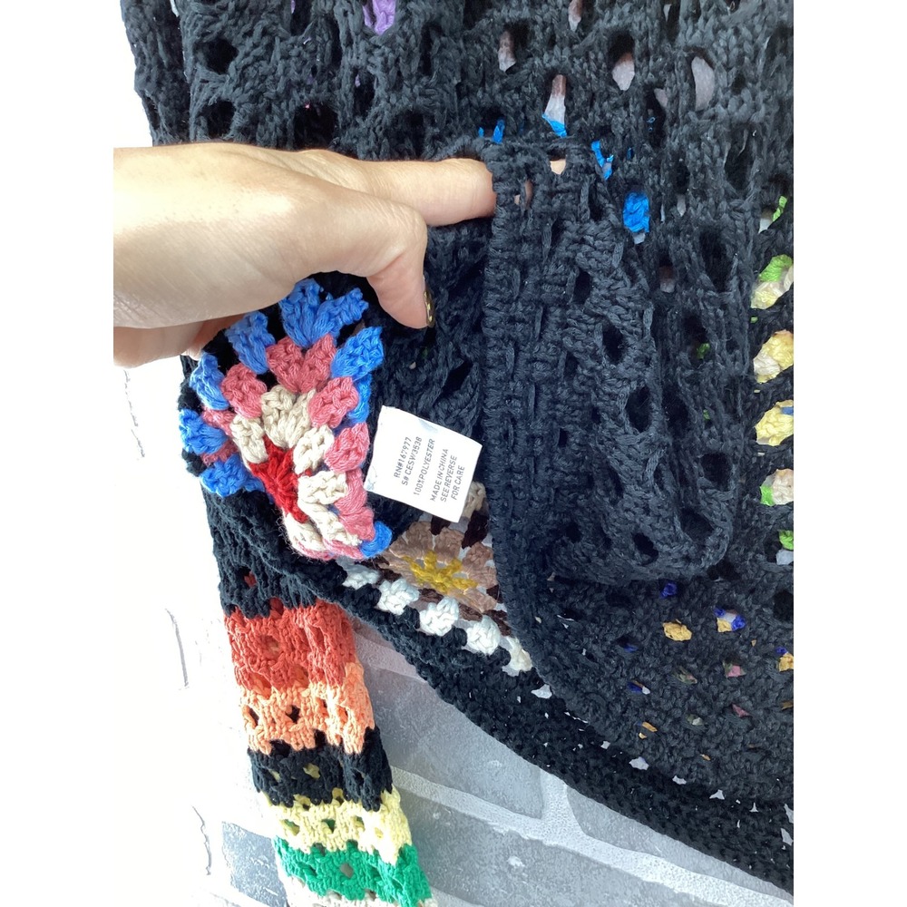 Adora Women Crochet Granny Square Sweater Black Multi Color Boho Knit Large - Picture 5 of 5